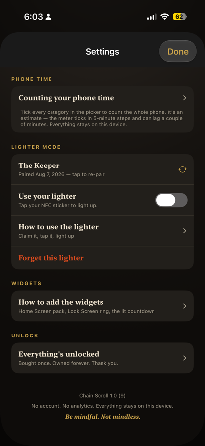 Lighter Mode settings showing a paired lighter named The Keeper