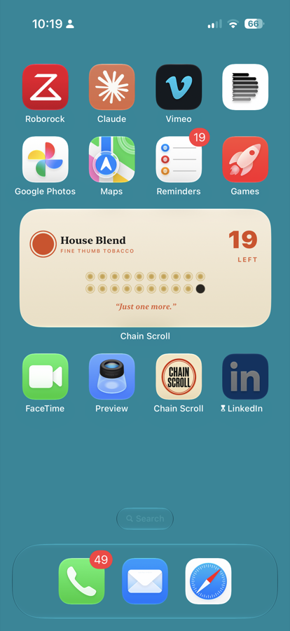 The Chain Scroll home screen widget showing 19 left